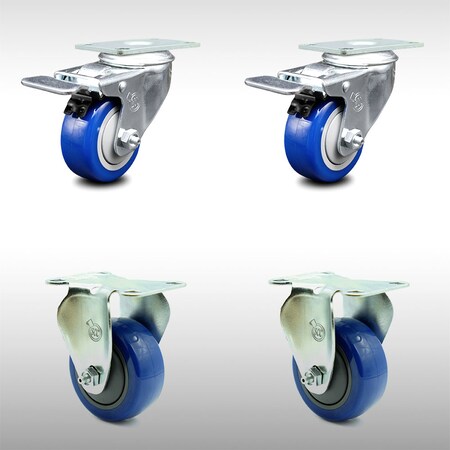 Service Caster 3 Inch SS Blue Polyurethane Top Plate Caster Lock Brake 2 Rigid SCC, 2PK SCC-SSTTL20S314-PPUB-BLUE-2-R-2